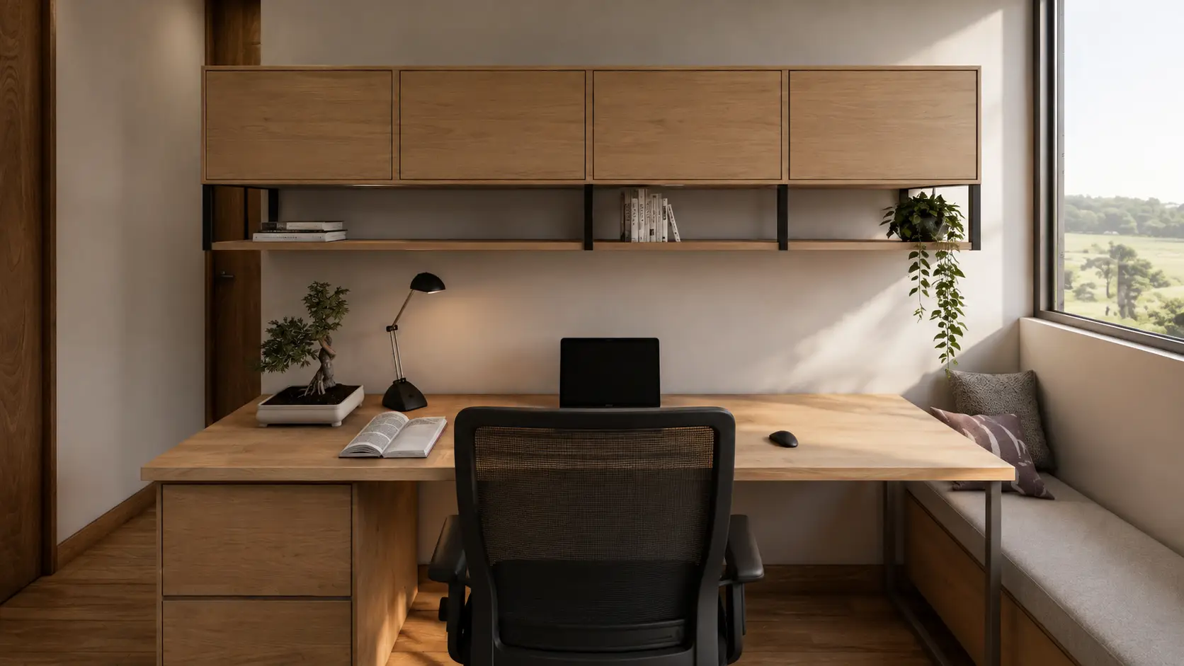 Estudio en casa con escritorio empotrado y silla ergonómica