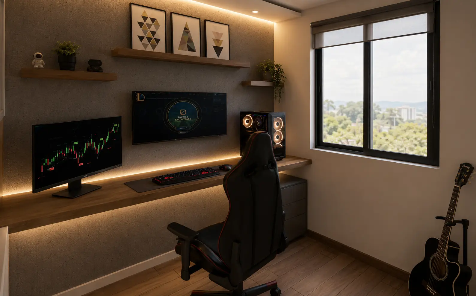 Zona de juego con silla gamer y muro de televisor