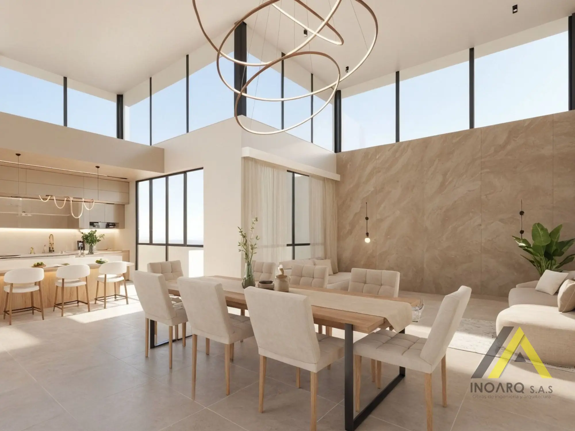 Sala y comedor de doble altura con cielo raso en madera