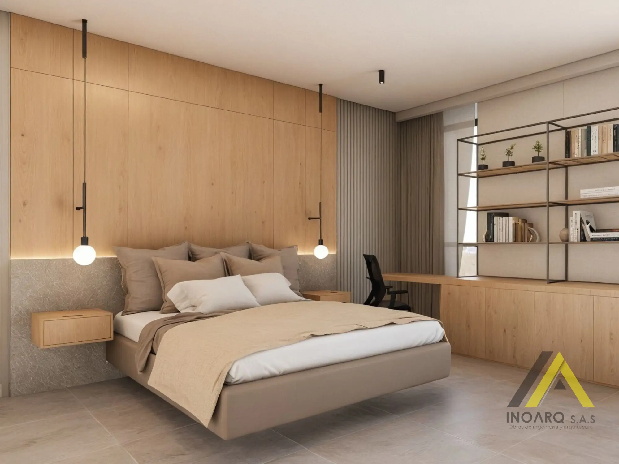 Dormitorio principal en tonos neutros con panelería en madera