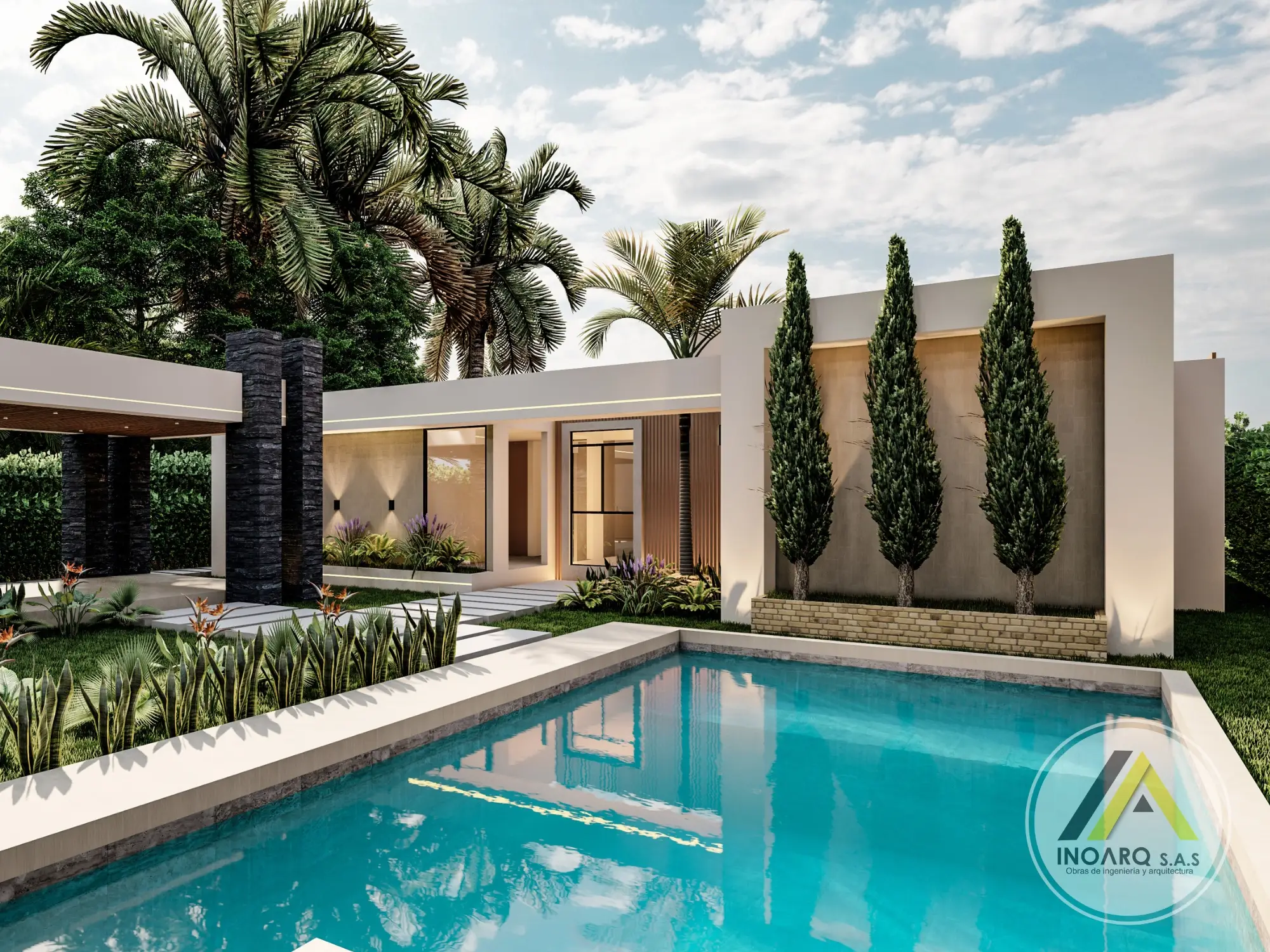 Piscina rodeada de palmeras y zona de asoleadoras