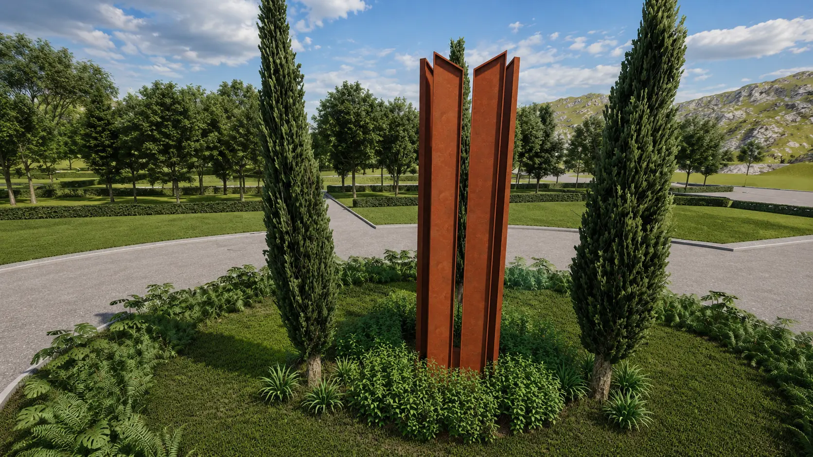 Hito escultórico en acero corten en el acceso a la parcelación