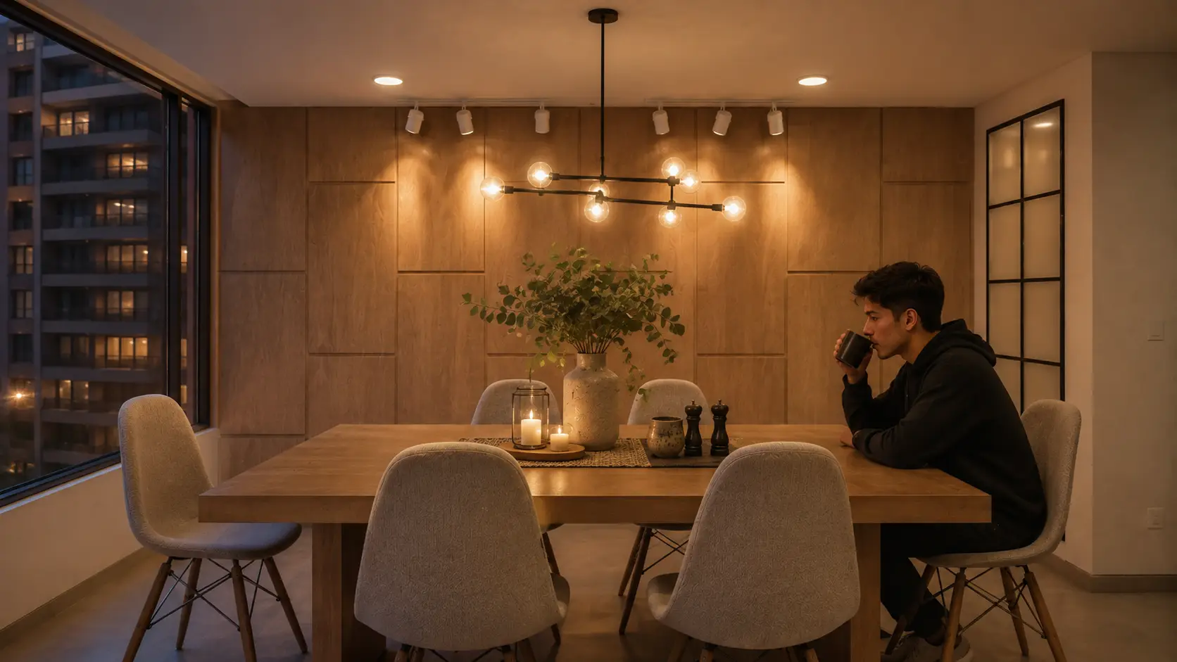 Comedor del penthouse con lámpara escultórica suspendida