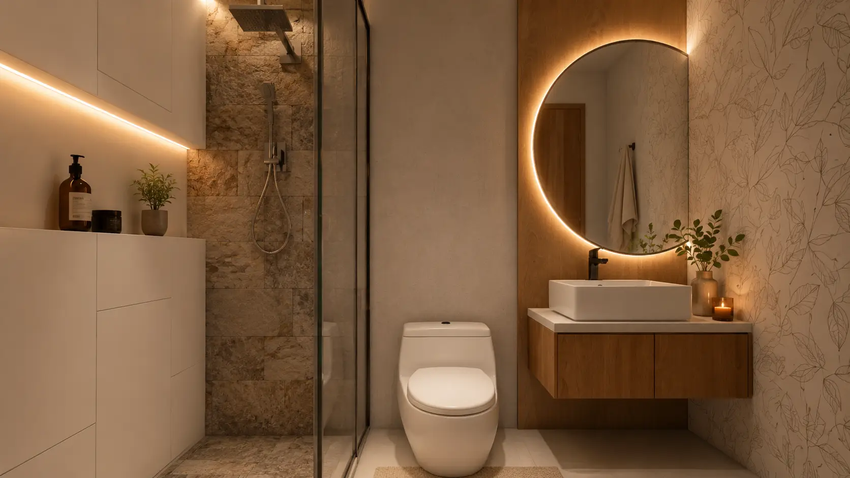 Baño con espejo circular retroiluminado y lavamanos en piedra
