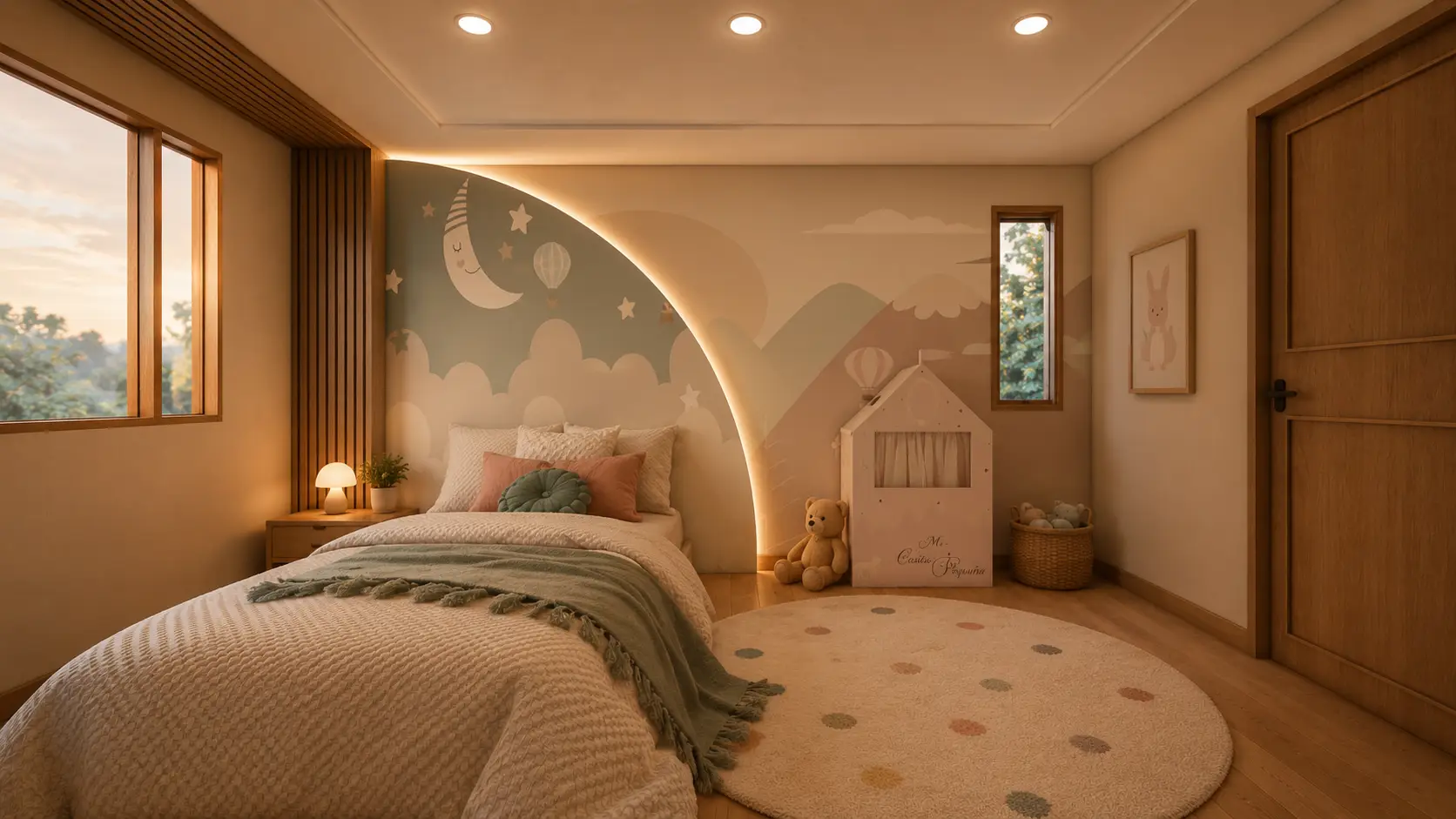 Habitación infantil con cabecero en arco y decoración suave