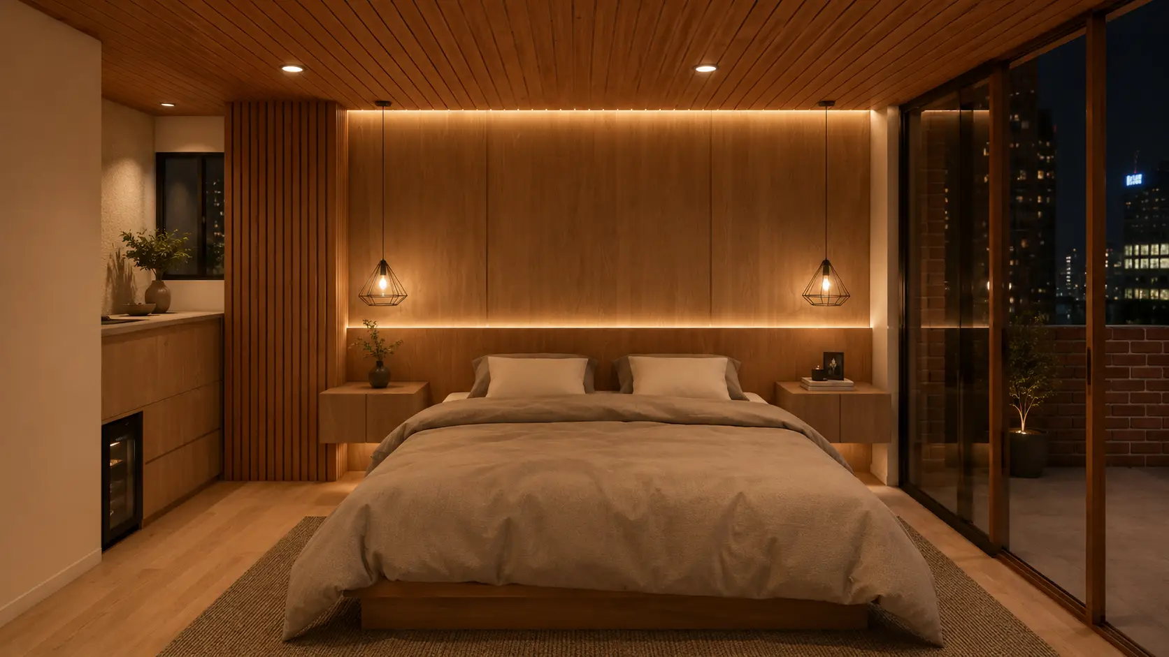 Dormitorio principal con cabecero iluminado y panelería en madera
