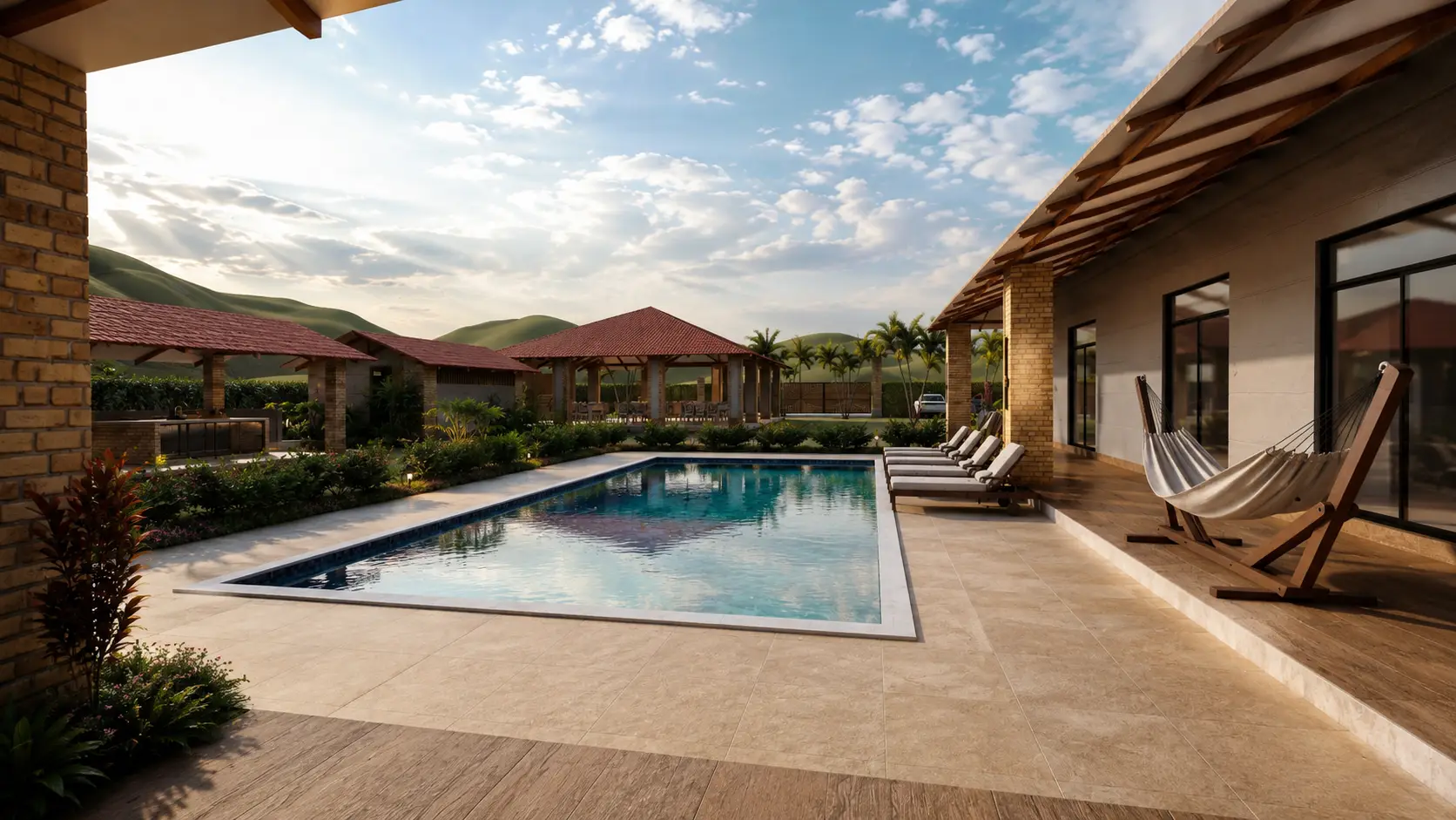 Vista aérea del condominio Villa Roma con piscina y casas de un nivel